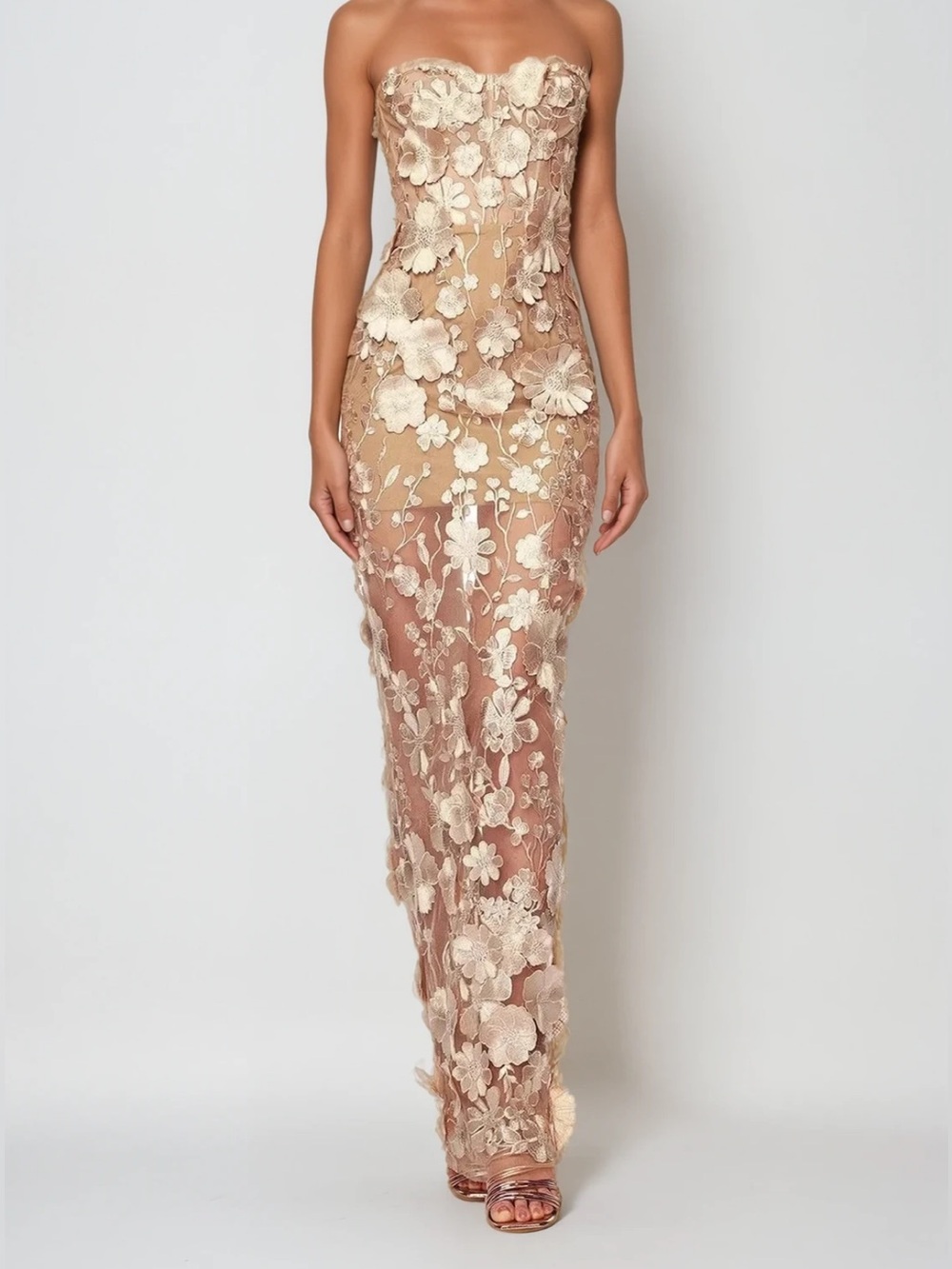 NEW! Innovare Denica Strapless Flower Maxi Dress Gold Beige Floral Mesh Gown Lg